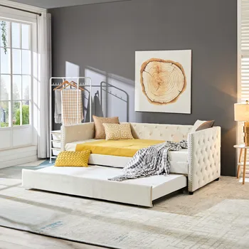 Улучшенный диван-кровать с бархатной обивкой, ящиком, колесиками, кнопкой и медным гвоздем на квадратных подлокотниках, спальня-гостиная