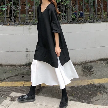 Японское Летнее свободное платье для беременных 2023 года с коротким рукавом и V-образным вырезом, черное Белое платье для беременных в стиле пэчворк, хлопковое платье для беременных