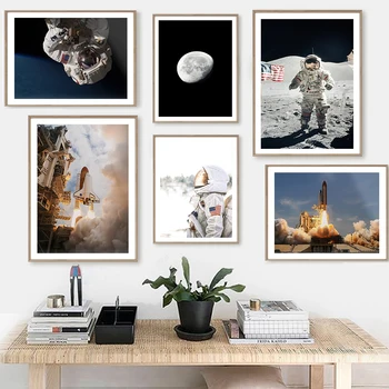 Астронавт космического шаттла, Астрономическая прогулка по Луне, настенная художественная картина на холсте, Скандинавский плакат и принты, Настенная картина для декора гостиной