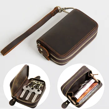 Мужской кошелек для ключей из натуральной кожи, мужской винтажный автомобильный держатель на двойной молнии, многофункциональный кошелек для монет, сумка-органайзер, Ключница