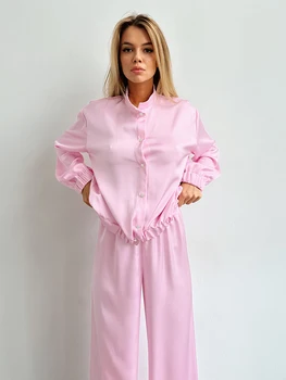 2023 Розовые атласные пижамные комплекты для женщин, 2 предмета, женская пижама с длинным рукавом-фонариком, Однобортная пижама с воротником-стойкой,