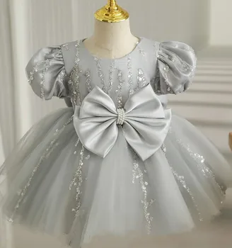 Бусины с аппликацией, серое платье в цветочек для девочек, платье для малышей с блестками, платье для крещения, Серое атласное платье для малышей на день рождения с пышными рукавами