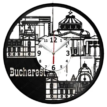 Виниловая пластинка Bucharest Настенные часы Home Art Decor Уникальный дизайн Ручной работы Оригинальный подарок Виниловые часы Черные Эксклюзивные часы Фан-арт
