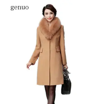 Genuo Новинка 2020 года, осень и зима, Длинное шерстяное пальто, женское тонкое шерстяное пальто с меховым воротником модного цвета