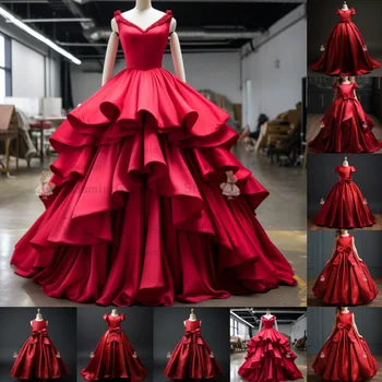 Красное бальное платье с бантом, атласные длинные платья в цветочек для девочек на свадьбу, праздничная одежда для первого причастия принцессы для детей