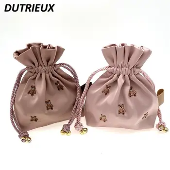 Милые Изысканные сумки-мешочки для женщин в японском стиле с элегантной вышивкой, сумка-багги небольшого размера на шнурке для хранения