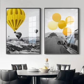 Скандинавский желтый автомобильный воздушный шар, настенный художественный холст, плакат и принт, черно-белый пейзажный холст для гостиной Morden Decor
