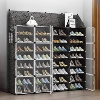 8-Ярусный Пластиковый Стеллаж Для Хранения Обуви с Регулируемыми Полками Для Хранения 64 Пар Обуви в Шкафу, Прихожей, Спальне, Прихожей (Черный)
