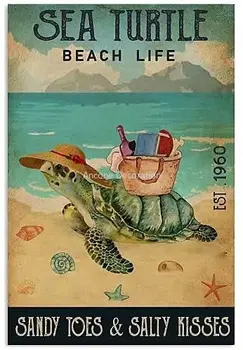 Морская черепаха металлическая жестяная вывеска пляжная жизнь домашнее искусство настенное украшение табличка пляжное плавание плакат для серф-клуба