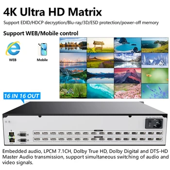 Профессиональный Матричный Переключатель 16x16 Splitter 16 in 16 out Видеостена 4K 30Hz 4x4/8x8/8x16 Для HDMI Audio Video Switcher Web Control