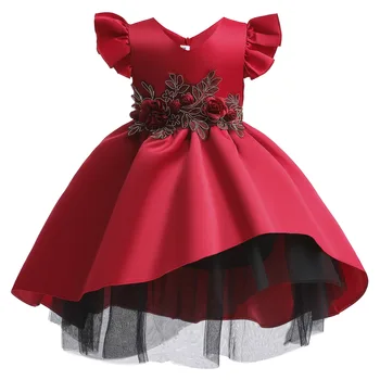 Элегантное кружевное платье принцессы, детские платья с цветочной вышивкой для девочек, винтажные детские платья для Рождественской вечеринки, красное бальное платье