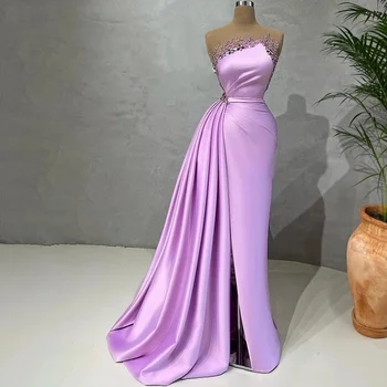 2023 Фиолетовые Элегантные Сиреневые Атласные платья Русалки для выпускного вечера с разрезными хрустальными бусинами Tarin Сбоку Для женщин, вечерние платья
