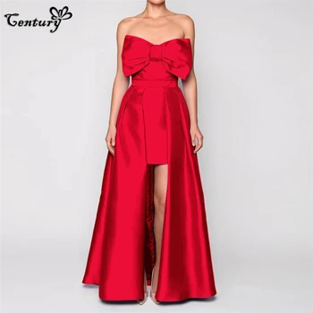 Красное платье для выпускного вечера с длинным съемным шлейфом, карманами с большим бантом, простые атласные вечерние платья, женские вечерние платья Robe De Soiree