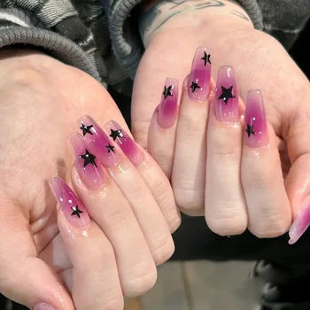 24шт. Черные звезды, Y2k, Надавливание на длинные накладные ногти, полное покрытие фиолетовыми градиентными накладными ногтями с дизайном, балетные кончики ногтей