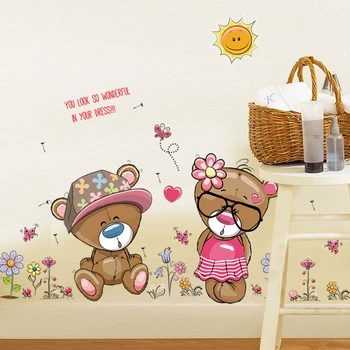 Милое животное, Роза, цветок любви, медведь, Бабочка, настенная роспись, украшение детской спальни, наклейки на стены, наклейка для детской комнаты, подарок для девочки