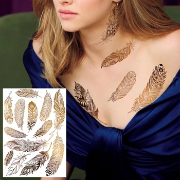 Сексуальные временные татуировки в виде перьев-бабочек Для женщин, Реалистичные Слоны, золотые поддельные татуировки на груди, Водонепроницаемая наклейка для татуировки на руке