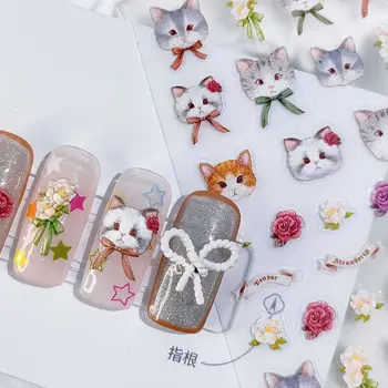Мультяшные Красочные наклейки для ногтей с рисунком Маленького кота, самоклеящиеся переводные наклейки, слайдер, 3D Советы 