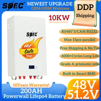 Аккумулятор SOEC Powerwall 10KWh LiFePO4 48V 51.2V 200AH 6000 Циклов с Системой Хранения Солнечной энергии RS485 CAN для дома Гарантия 10 лет