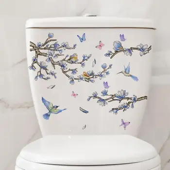 Наклейка для украшения туалета, Водонепроницаемая наклейка на стену с цветком бабочки и птицы из ПВХ, виниловые художественные наклейки для ванной, керамическая плитка для туалета