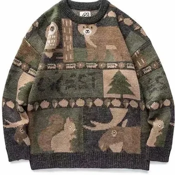 Зимний вязаный свитер в стиле хип-хоп с круглым вырезом для мужчин, уличная одежда, пуловеры в стиле харадзюку с принтом Медведя
