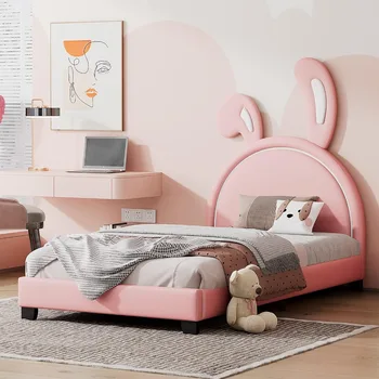 Кровать-платформа с кожаной обивкой Merax Twin Size с изголовьем в виде кроличьих ушек, каркас кровати-платформы с орнаментом в виде кролика