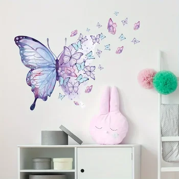 Мультяшные наклейки с фиолетовой бабочкой на стену для детской комнаты, спальни, детской, украшения для дома, настенный декор