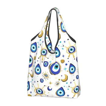 Средиземноморские синие и золотые хозяйственные сумки от сглаза, женские портативные продуктовые сумки большой емкости, амулет Хамса Назар, сумки для покупок в стиле бохо