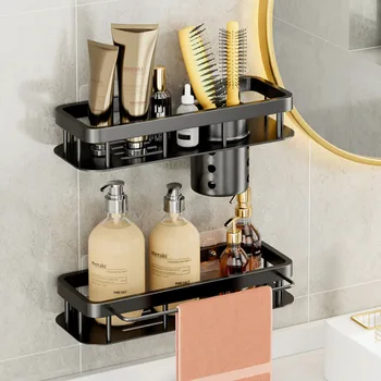 Черная золотая полка для ванной комнаты с перекладиной из углеродистой стали, прямоугольная стойка для мыла и шампуня для душа, держатель для хранения, Органайзер, бесплатная штамповка