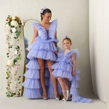 Лавандовое платье для мамы и дочки с оборками, многоуровневое платье с высокой посадкой, семейный образ, платье для дня рождения 