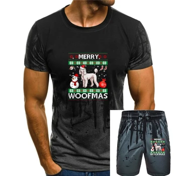 Костюм-Мужская футболка-Черная футболка Woofmas, Рождественский пудель, Веселый пес