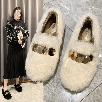 Плюшевые женские туфли на плоской подошве Зимняя внешняя одежда Корейская версия Обуви на плоской подошве Хлопчатобумажные туфли Белого цвета Комфортная Женская Повседневная обувь