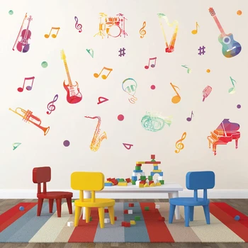 Гитара Наклейки на стену Фон детской комнаты Нарисованные от руки ноты Музыкальная комната для фортепиано Плакаты детского сада Светоотражающие наклейки на стену