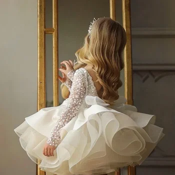 Торжественное свадебное платье принцессы с длинным рукавом, кружевное платье с блестками, детское платье с бантом на день рождения, детское пышное платье для подружки невесты