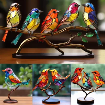 Птицы из витражного стекла, Орнамент из металлической скульптуры птицы, Металлические плоские яркие птицы из витражного стекла на ветке, Настольное украшение из разноцветных птиц