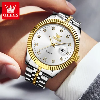 OLEVS 5526 Кварцевые водонепроницаемые мужские наручные часы с модным ремешком из нержавеющей стали, роскошные Часы с бриллиантами для мужчин, светящийся Календарь