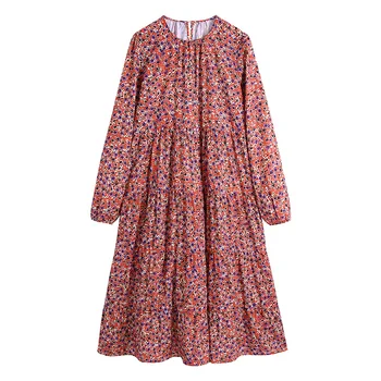 Платья 2021 Женская одежда Весна Осень Винтажное платье с цветочным принтом с длинным рукавом, круглый вырез, Многоуровневое Свободное Элегантное платье Миди
