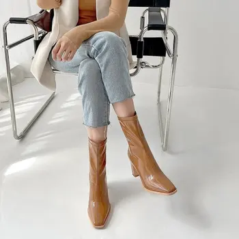 Женские зимние ботинки Rock Shoes Lady Chelsea на молнии 2023, кожа на высоком каблуке по щиколотку, осенняя резиновая хлопчатобумажная ткань из флока, швейная микрофибра