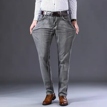 2023 Новые мужские джинсы Стрейч Regular Fit в деловом повседневном классическом стиле, модные джинсовые брюки, мужские черные синие Серые брюки