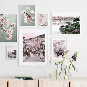 Настраиваемая Деревенская трамвайная башня Сакура, Розовая Настенная живопись, плакаты на скандинавскую тему и принты, гостиная