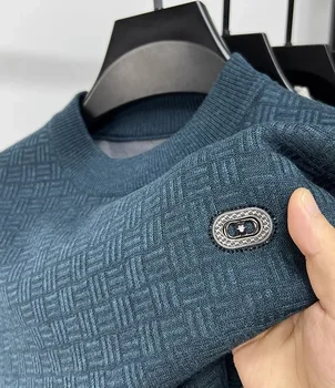 Роскошный и персонализированный клетчатый жаккардовый свитер с круглым вырезом для мужчин, осенне-зимний новый повседневный вязаный пуловер с плюшевой изоляцией
