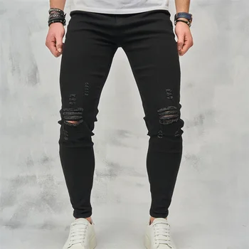 Мужские Рваные джинсы в стиле хип-хоп, стильные зауженные джинсы, мужские брюки с дырками, высококачественные Повседневные хлопчатобумажные брюки-карандаш