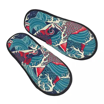 Меховые Тапочки Для Женщин И Мужчин, Модные Пушистые Зимние Теплые Тапочки, Разноцветные Японские Домашние Туфли Koicarp Fish In The Wave