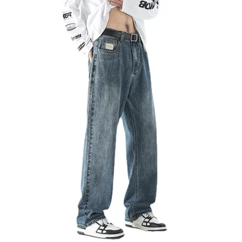 Новые ретро-синие широкие длинные брюки с прямыми штанинами для мужчин, свободные и универсальные модные мужские джинсы, широкие джинсы для мужчин