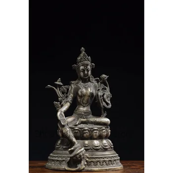 Чистая медная зеленая тара, антикварная бронзовая посуда длиной 21 см, серебряная позолоченная статуя тибетского Будды, украшение столешницы, ремесленное украшение