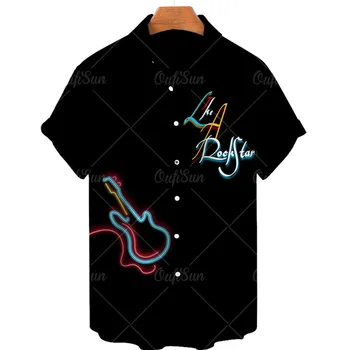 Гавайская Мужская рубашка С гитарным Джазовым принтом, 3D Топы в стиле Харадзюку, Повседневные Блузки С V-образным вырезом, Модные Футболки На пуговицах С Коротким Рукавом, Поп-рубашка Мужская
