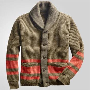 2024 Вязаный свитер Для мужчин, Повседневная уличная одежда с длинным рукавом, Кардиган, Полосатый свитер с отворотом на пуговицах, Осенне-зимняя одежда