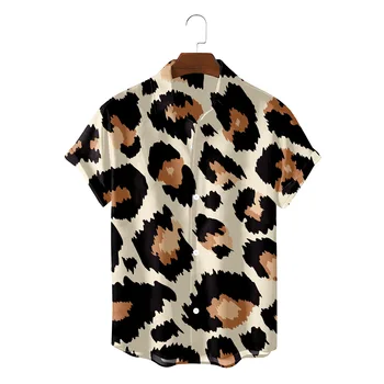 2023 Новые леопардовые рубашки с 3D принтом, мужские гавайские рубашки с коротким рукавом, уличная мода, Пляжная рубашка, Свободные повседневные топы