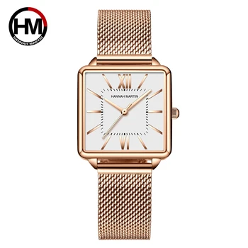 Женские часы бренда Hannah Martin, Модные квадратные женские кварцевые часы, Зеленый циферблат, Простая сетка из розового золота, Роскошные женские часы