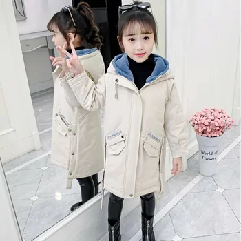 Зимняя куртка для девочек, парки, Новое плотное детское хлопчатобумажное пальто Teen Plus, теплая ветровка из флиса, верхняя одежда, детская одежда