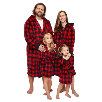 Семейные пижамы, Рождественская пижама, Красная ночная рубашка в клетку с рисунком, с длинным рукавом, поясом и карманами, праздничная домашняя одежда